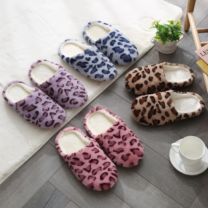 

Women's Home Slippers with Artificial Fur Flat Shoes Warm Shoes Women's Leopard Print Shoes Winter Lovers' Cotton Slippers