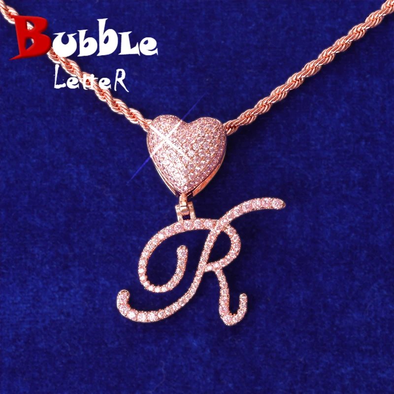 Initial Letter Jewelry Cursive Font Rose Gold Plated Pink Stones Women Necklace Heart Bail Hip Hop Jewelry