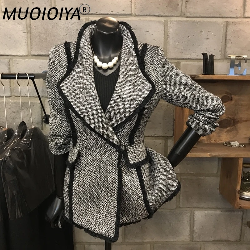 

Женский твидовый Блейзер, винтажный шерстяной пиджак с длинным рукавом, приталенный, в клетку, повседневная верхняя одежда, осень-зима 2021