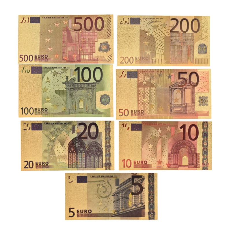 

7pcs 5 10 20 50 100 200 500 EUR Gold Banknotes In 24K Gold Fake Paper Money For Collection Euro Banknote Sets Toys Hot Sale