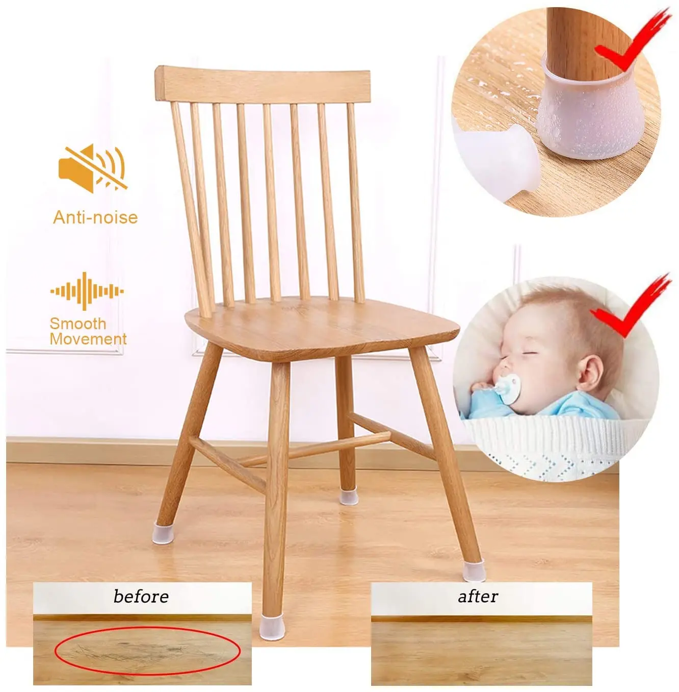 24pcs Silicon Chair Leg Covers Felt Bottom Soft Silicone Furniture Foot Protector Pads Anti-slip Table Legs Floor Protection Mat
