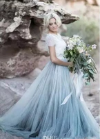 2018 fairy beach boho lace soft tulle short sleeves light blue skirts bohemian wedding bridal gown