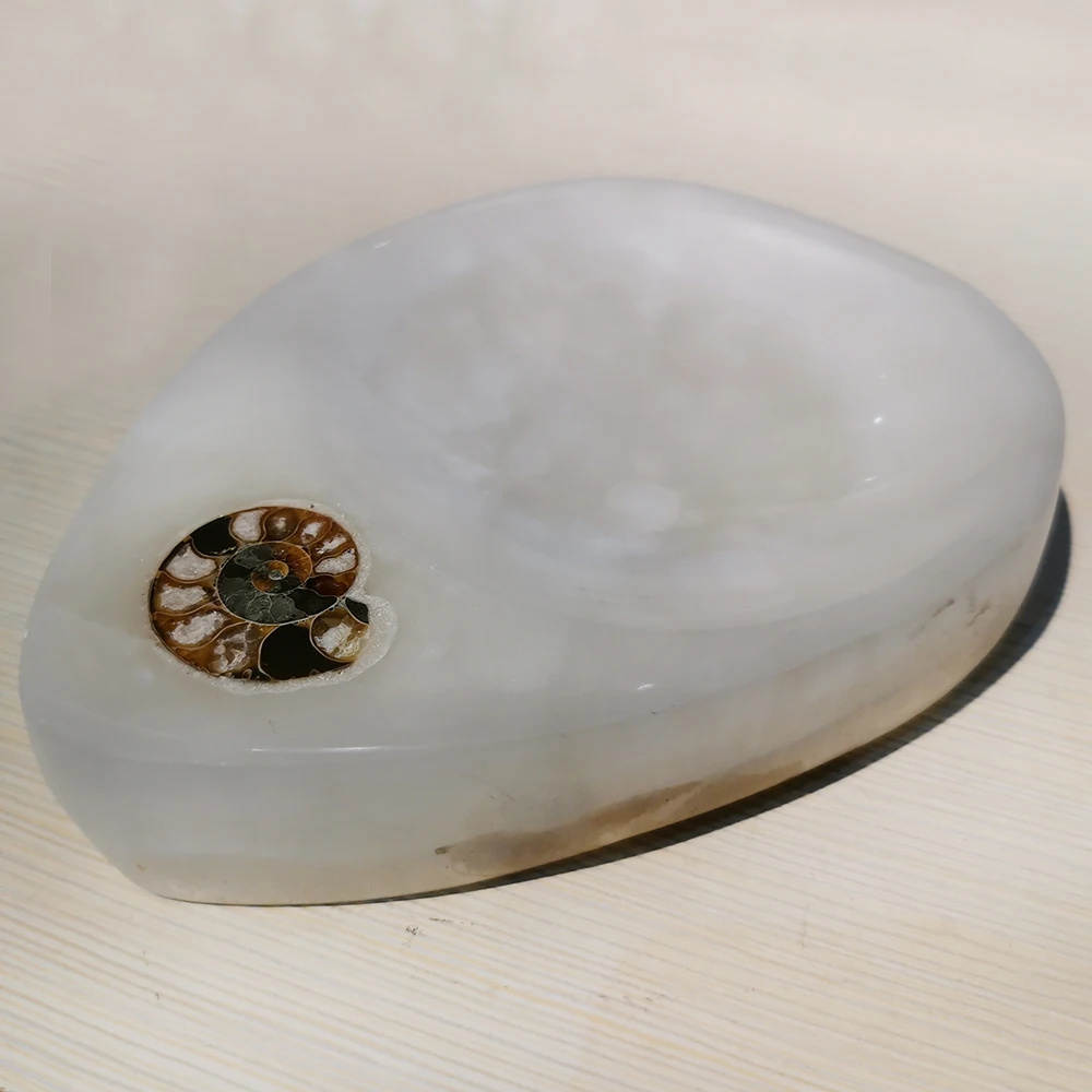 

Hand Carved Natural Afghanistan Jade Ammonite Fossil Bowl Quartz Ashtray Tobacco Jar Healing Crystal Stone Home Decoration