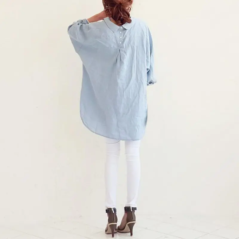 

2XL Plus Size Tops For Women Solid Color Long Sleeve Lapel Collar Shirt Loose Long Sleeve Casual Blue Blouse