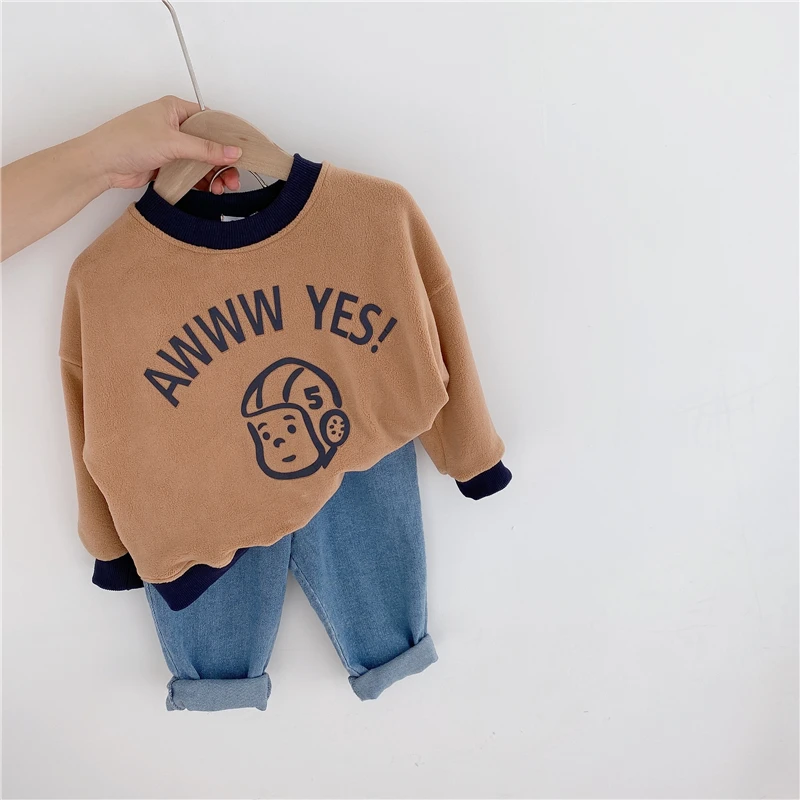

Toddler Boys Sweatshirt 2020 Autumn Winter Kids Plus Velvet Hoodies Fashion Letter Print Thicken Warm Pullovers for Baby Boy new