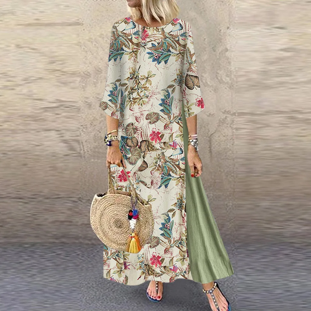 Женское осеннее платье размера плюс, новое модное винтажное платье с цветочным принтом и заплатками, 3/4 рукав, круглый вырез, свободное летнее платье Макси M840