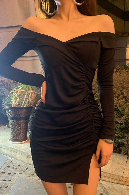 Женское атласное Плиссированное короткое платье с длинным рукавом однотонное