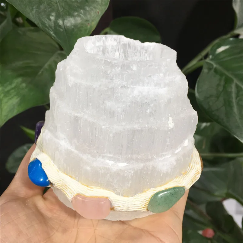 

Natural Quartz Selenite Tower candle Lamp Seven Chakra Energy Modern Moroccan Crystal Reiki Healing Home Decor Mineral Specimen