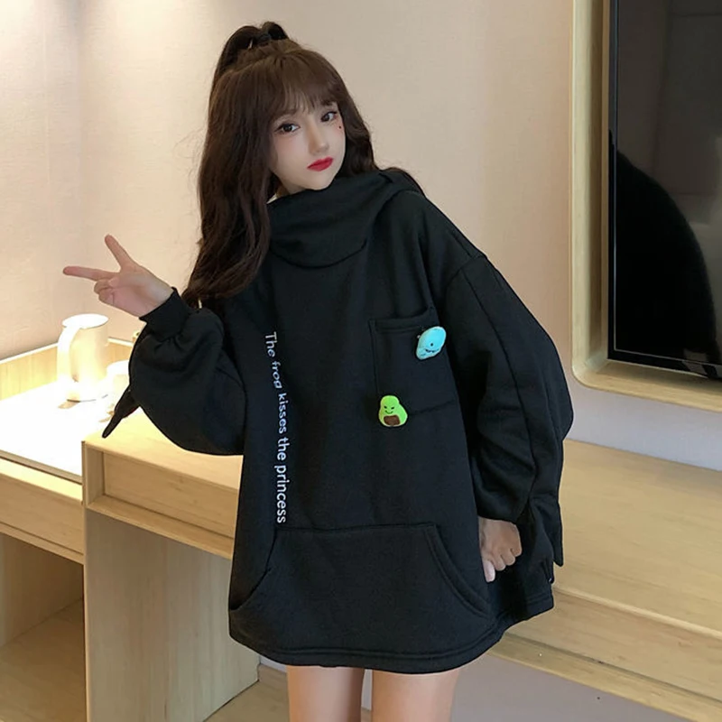 

Fleece Hoodies Frog Hoodie Winter Warm Thick Loose Oversized Sweatshirt Outwear Hooded Pullover Soft Teens NIN668