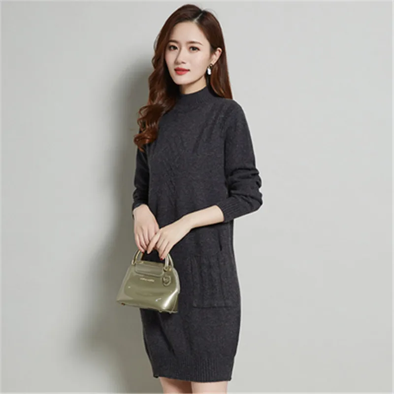 Осенне-зимнее вязаное платье-свитер женские свободные однотонные пуловеры с