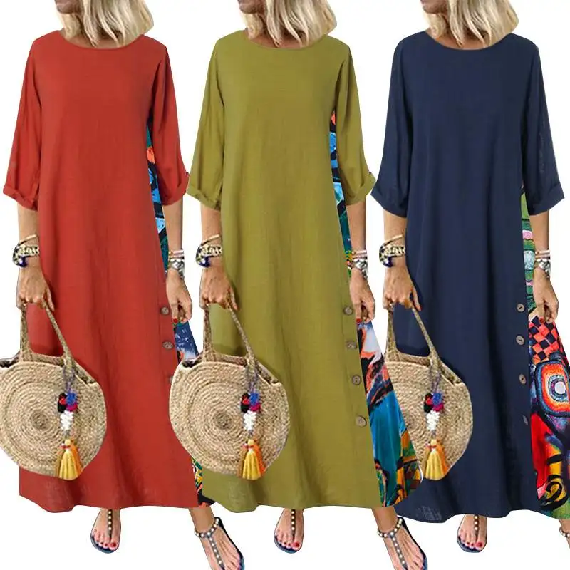 Сарафан ZANZEA женский в стиле пэчворк повседневный кафтан макси платье с круглым