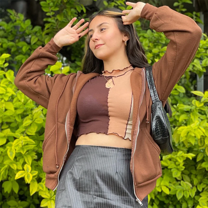 Brown Sweatshirts For Women Korean Style Zip Up Jacket Clothes Long-Sleeved Oversized Hooded Coat Vintage Warm Pockets Hoodies