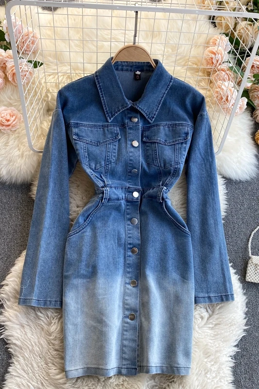 

Hong Kong style 2021 retro new denim dress lapel long-sleeved waist thin sexy gradient bag hip skirt tide