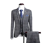 2021 мужской костюм из трех предметов в клетку, серый тонкий Классический офисный блейзер (пиджак + жилет + брюки)