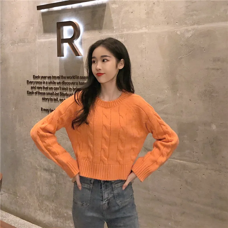Autumn Winter New Women's Short Pullovers Sweater Twist Knitting Full Sleeve Solid Fashion Vintage Casual Tops T98506D