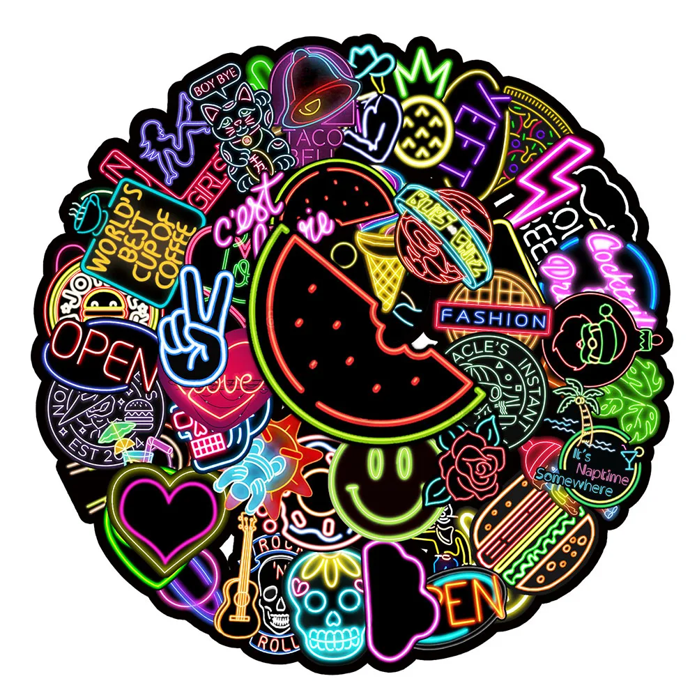 103050100pcs cartoon neon light graffiti stickers diy car phone laptop luggage bike guitar cool waterproof sticker kids toys free global shipping