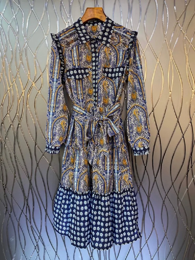 

New Korean Fashion Dress 2021 Autumn Women Turn-down Collar Belt Deco Long Sleeve Mid-Calf Length Casual Vintage Print Dress