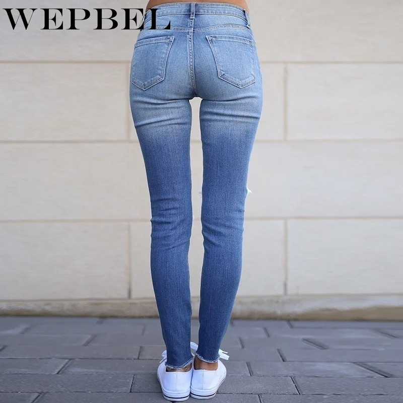 

WEPBEL Women's Blue Jeans Skinny Jeans Ripped Hole Jeans Casual Women Demin Trousers Slim Fit Long Pants