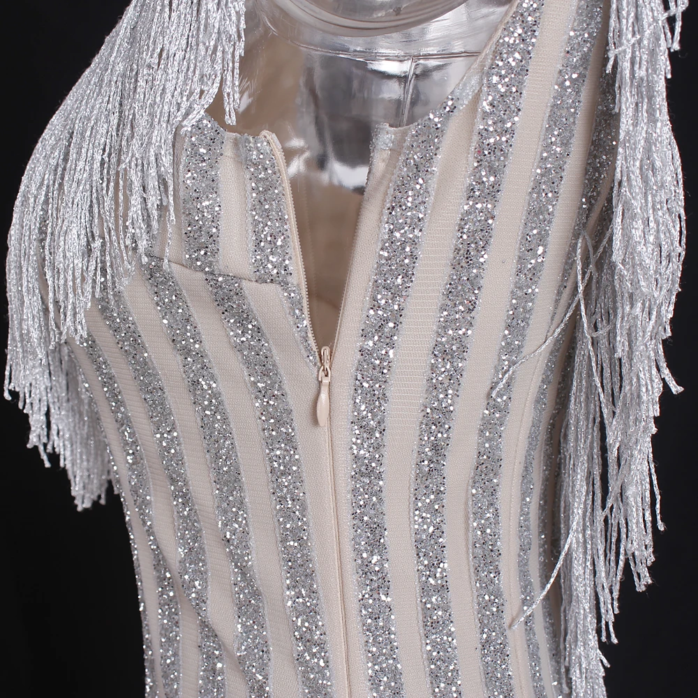 Блестящее платье макси с бахромой и V образным вырезом сетчатое лоскутное