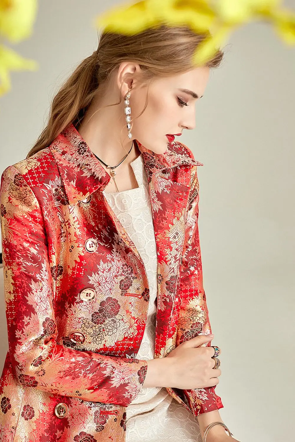 2020 Spring Women New Fashion Jacquard Dress Turn Down Collar Long Sleeve Double Breasted Big Swing Mid-Calf Vintage Coat Y121 | Женская