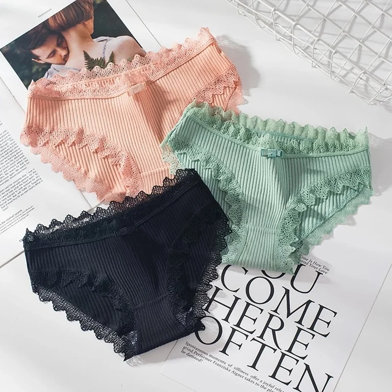 

Threaded Cotton Panties Low Waist Lace Sports Underwear Women Breathable Solid Color Panties Comfortable Elastic Close-fitting