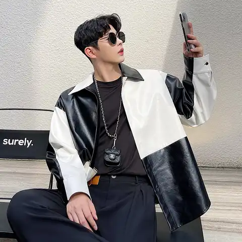 2021 Осенняя Корейская черная белая контрастная кожаная рубашка с длинными рукавами, Мужская модная куртка