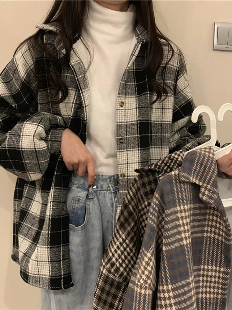 Женская утепленная блузка Свободное пальто средней и длины в клетку с матовым