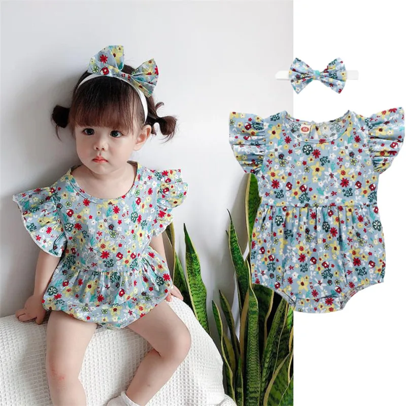 

Girl’s 2Pcs Flower Printed Romper Set Fly Sleeve Round Neck Triangle Baby Bodysuit with Headband for 0-24 Babies Summer Wear