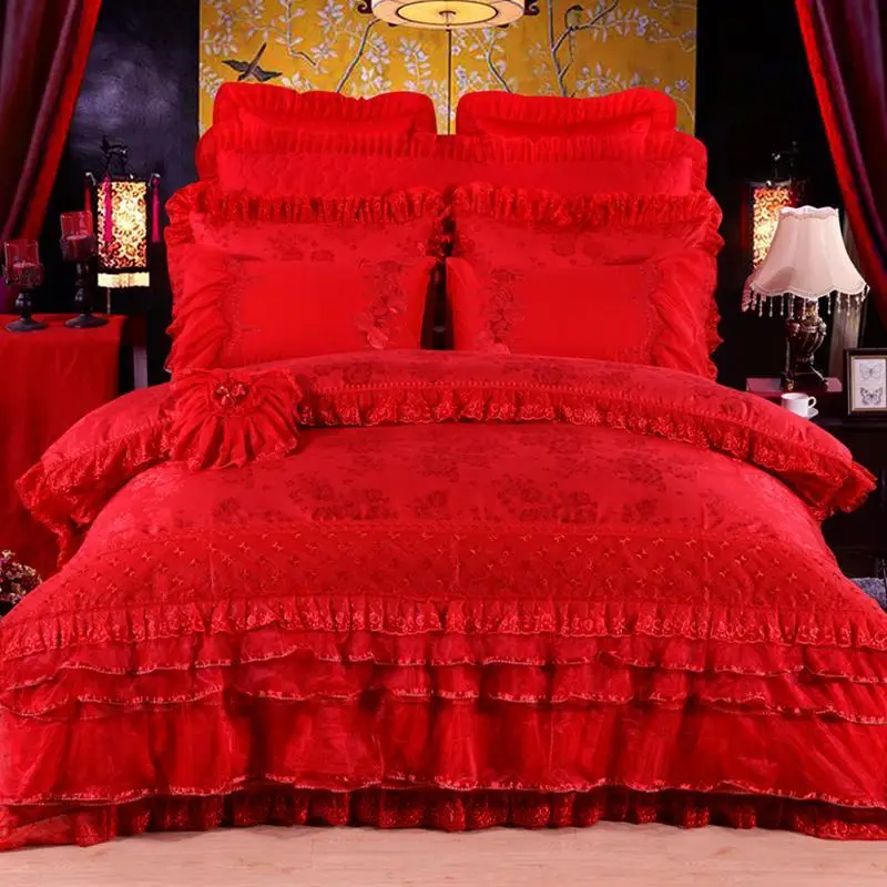

Silk Cotton Satin Jacquard Feel love Luxury Wedding Bedding Set Lace Duvet Cover Set Bedspread Queen King size J/6/8/10pcs