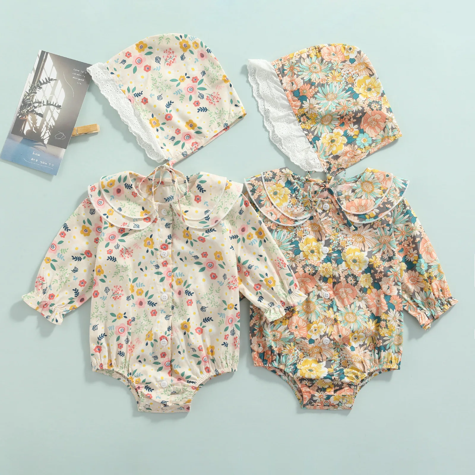 

Toddler Baby Girls Two-piece Clothes Bodysuit Set Floral Printed Pattern Peter Pan Collar Long Sleeve Jumpsuit and Cap