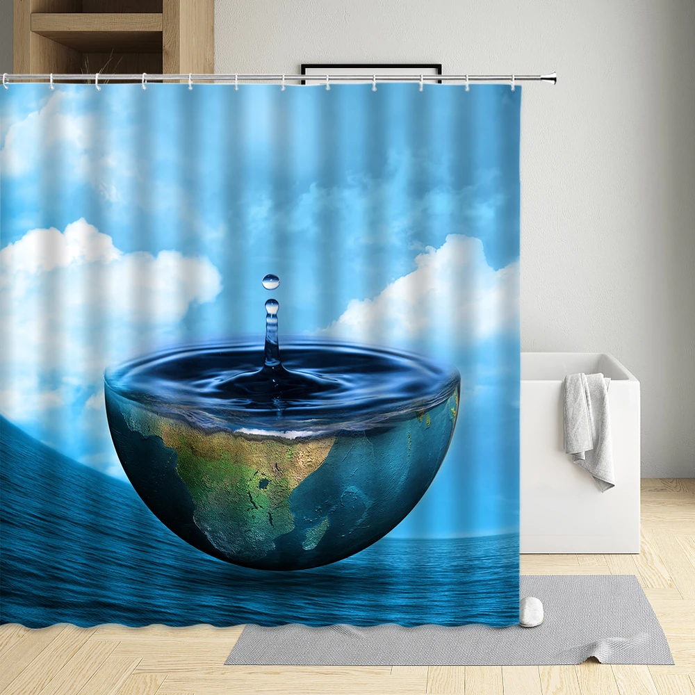 

Creative Shower Curtain The Earth Airplane Seagull Suitcase Hard Hat Engineering Building Hot Air Balloon Cloth Bathroom Decor