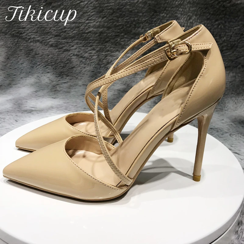 

Tikicup Women Glossy Patent D'Orsay Stiletto Pumps Summer 8cm 10cm 12cm High Heels Fashion Strappy Party Shoes White Nude Blue