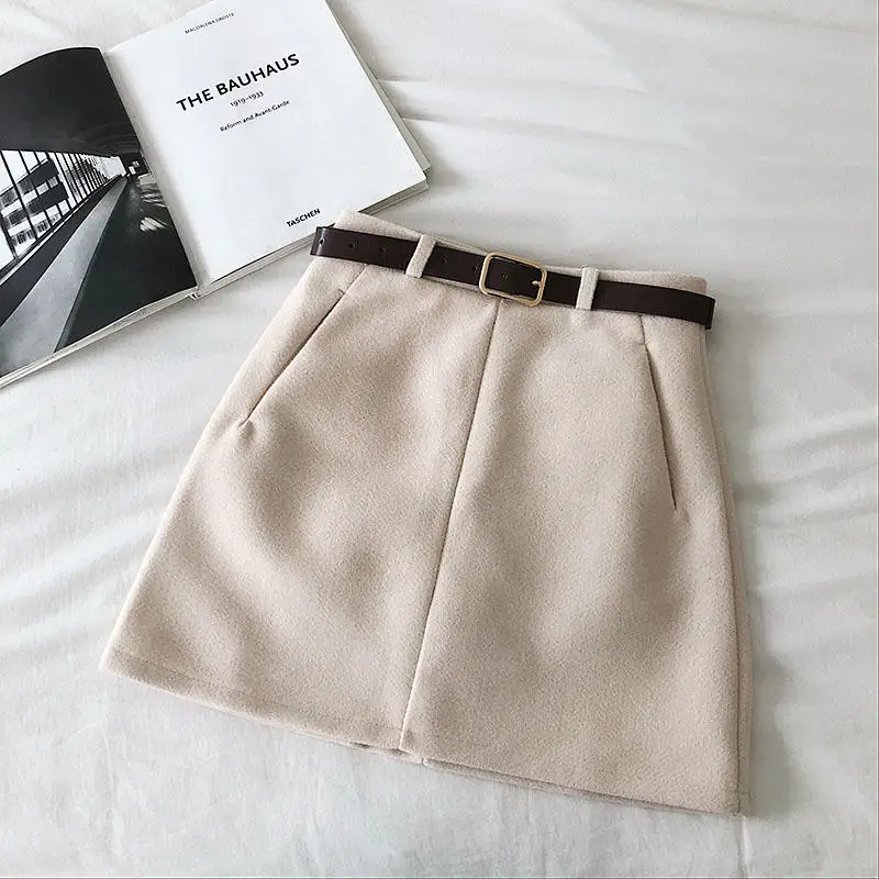 Apricot Skirt Однотонные шерстяные юбки женские Saia мини-юбки женские Faldas теплые зимние короткие женские юбки с ремнем Jupe Femme Q2149 - Цвет: Apricot Skirt