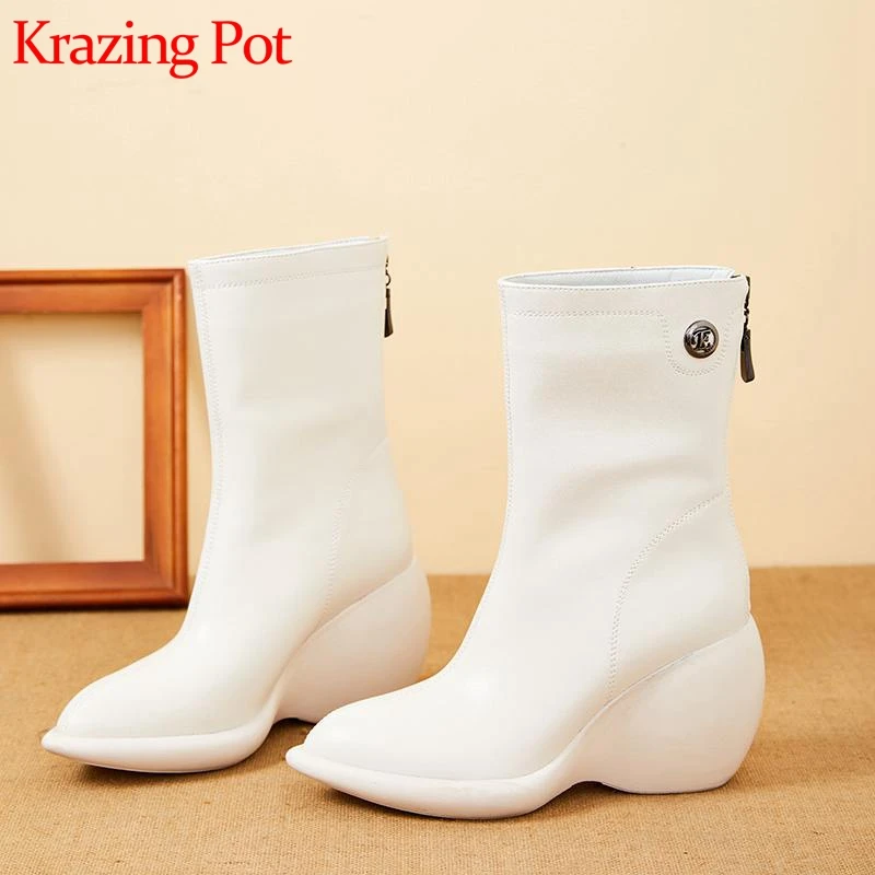 

Krazing Pot cow split leather back zip winter vitality pointed toe waterproof super high heels metal decorations ankle boots l08