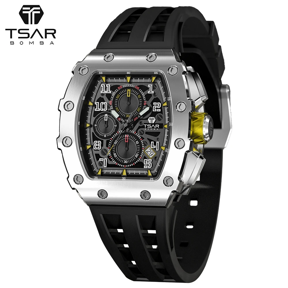 TSAR BOMBA Watch Men Luxury Brand Tonneau Design 50M Waterproof Stainless Steel Wristwatch Sport Chronograph Stylish Mens Watch