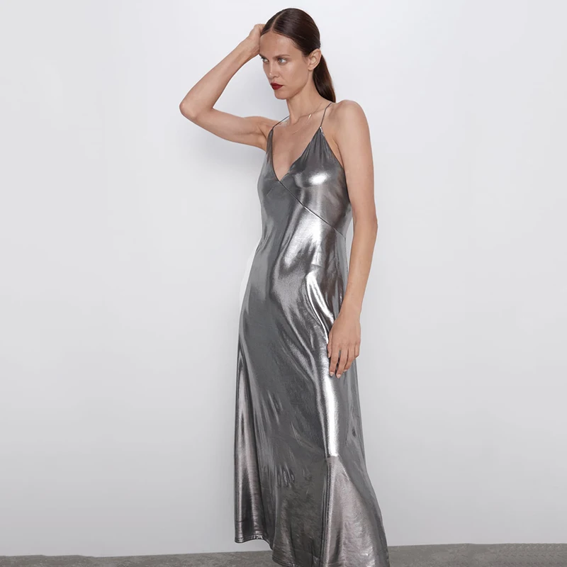 2019 ZA женское Сексуальное Серебряное длинное платье с поясом новые летние женские