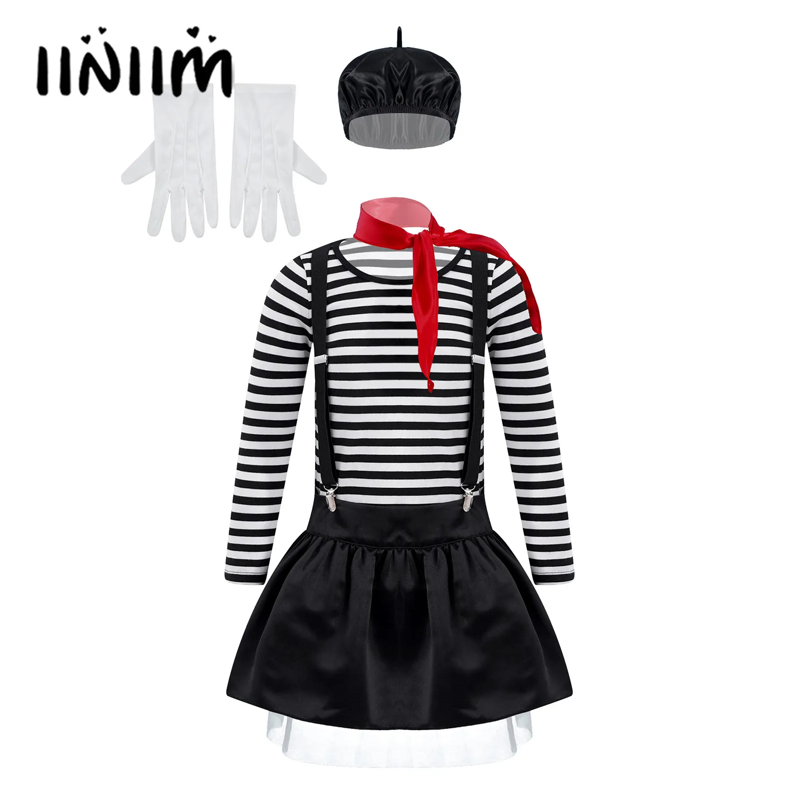 

Kids Girls Mime Aritist Artist Clown Circus Cosplay Costume Print Tops with Suspenders Skirt Scarf Beret Hat and Gloves Set