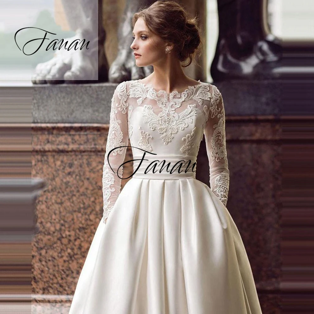

Scoop Neck Long Lace Appliques Wedding Dress A-Line Pockets Floor Length Elegant Bridal Gown robe de soirée de mariage платье