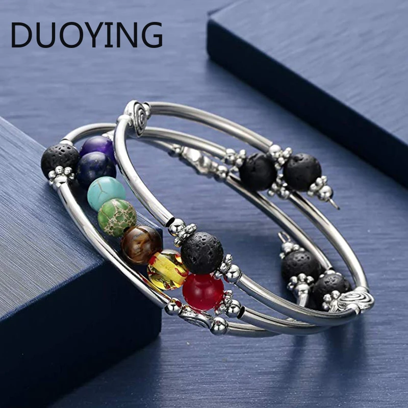 7 Чакра Мала Браслет с бусинами ручная работа проволочный браслет Лава Рок бирюзы