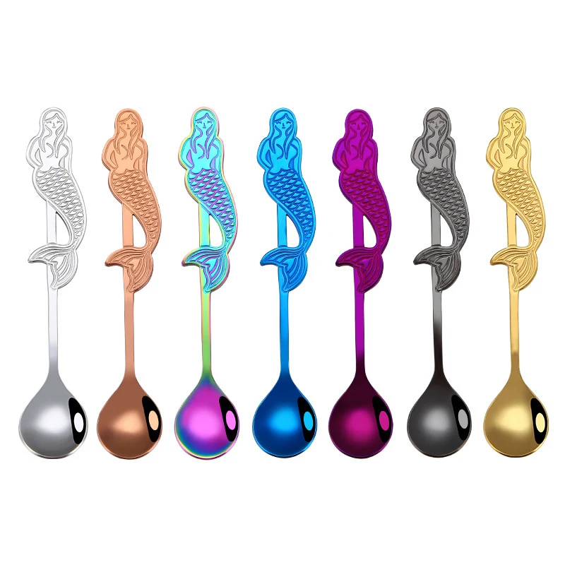 

1PC Mermaid Shape Design Coffee Spoon Stainless Steel Jam Cake Dessert Food Spoon Hanging Cup Dinning Accessories