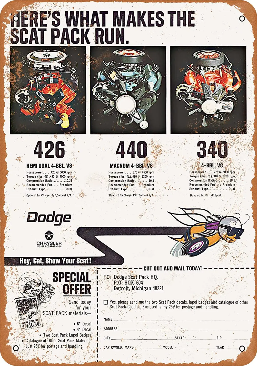 

Стена-цвет 10x14 металлический знак-1968 Dodge Scat Pack-винтажный вид 2
