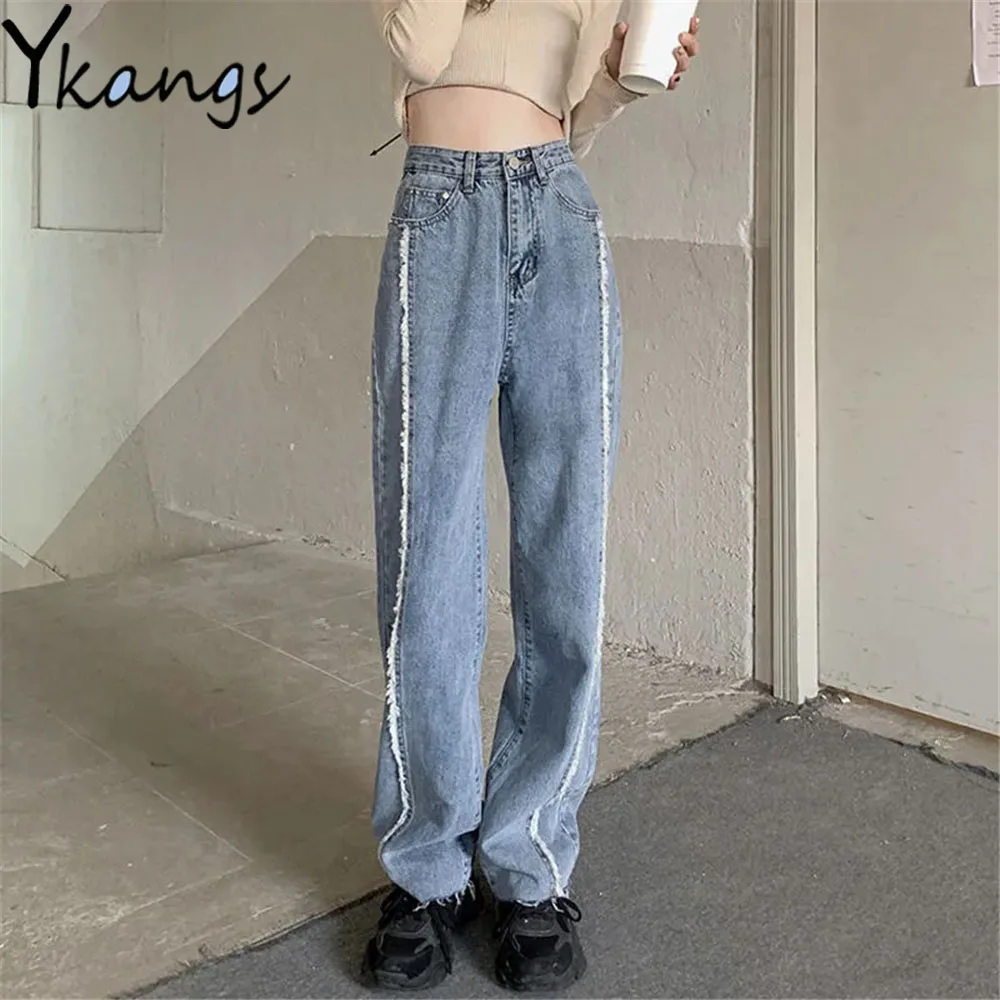 

Plus Size Tassels Patchwork High Waist Wide Leg Jeans Trendy Hip Hop Frayed Women Denim Pants Harajuku Streetwear Baggy Trousers