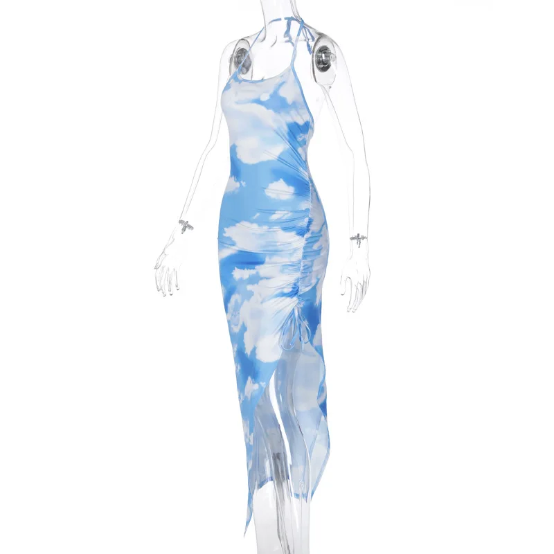 

Fashion Streetwear Chiffon Dress Women Sexy Split Side Backless Floral Print Lace Up Long Dress Halter Neck Beach Wear Sundress