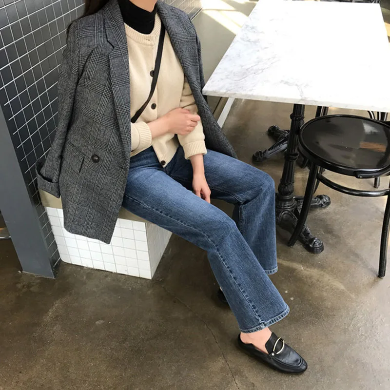 

Luck A women autumn long sleeve cotton jacket vintage coat plaid blazer double breasted blazers office lady outwears