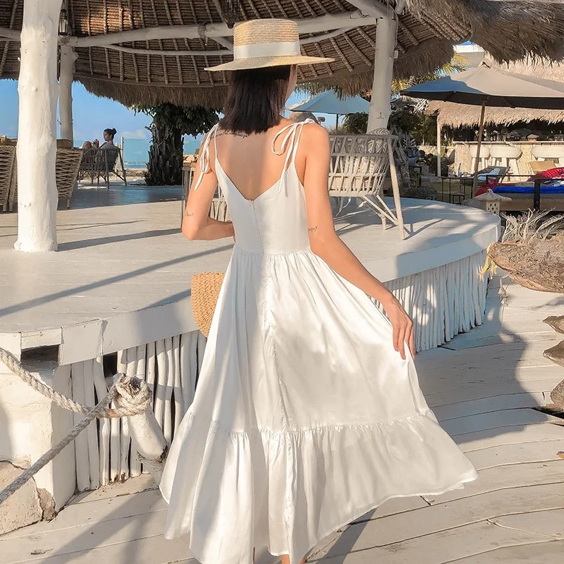 

Kimotimo Women Dress Fairy Summer White V-neck Ins Retro Temperament High Waist Slimming Solid Vacation Big Swing Beach Dress