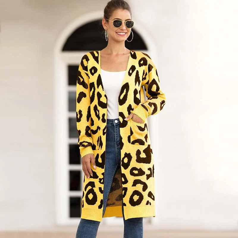 

2020 Autumn leopard Long Cardigan Women Winter Sweater Long Sleeve Cardigan Female Warm Knitwear Women Cardigan For Women