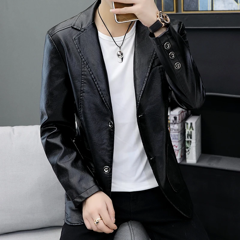 

2021 Autumn New Casual Mens Leather Blazers Single Breasted Slim Jackets For Youth Men