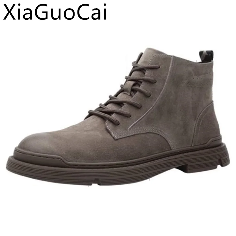 

Gray Retro Mens Western Boots Round Toe High-top Winter Men's Tooling Boots Warm Cotton Mens Ankle Boots