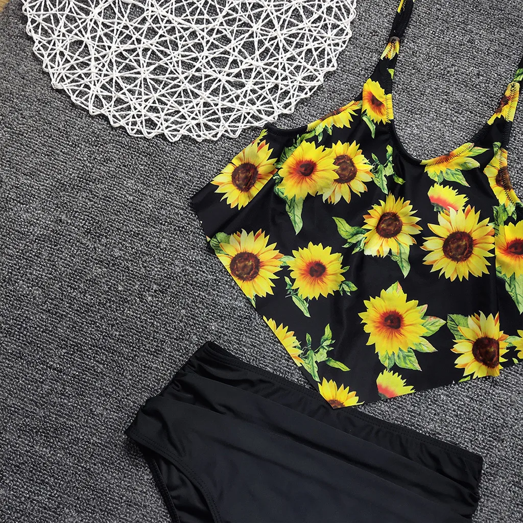 

Sunflower Printed Women's Swimsuit High Waist Bikinis Set Strap Ruffles Seperate Swimwear Summer Holiday Bathing Suit Beachwear