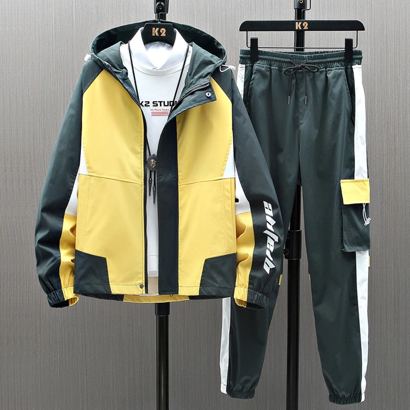 

2021 NEW Men's Hip Hop Tracksuit Mens Clothing 2 Pieces Sets Man Patchwork Jacets And Pants Male Street Tracksuit